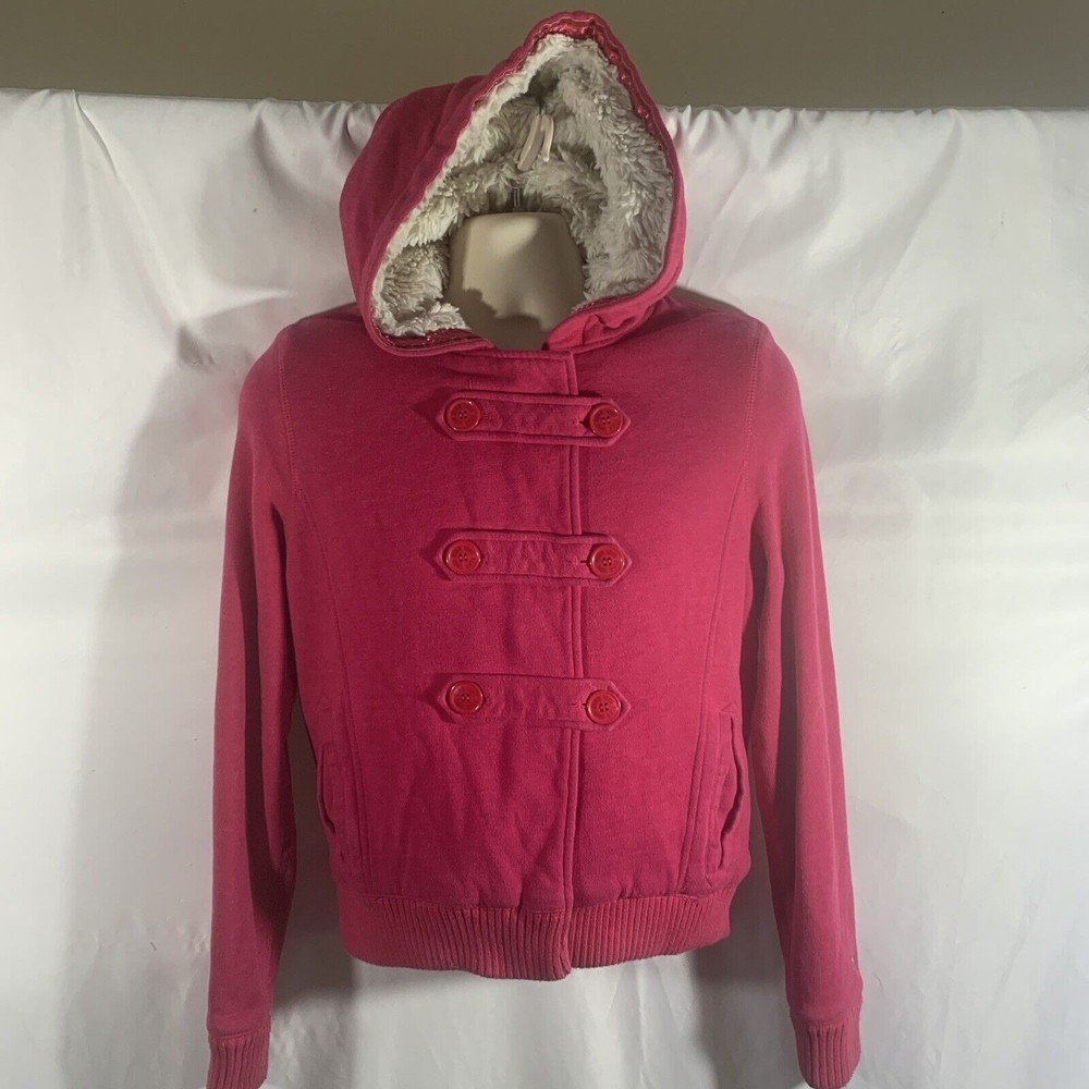 Pink Victorias Secret Womens Front Button Faux Fur Hooded Pink Jacket Size M